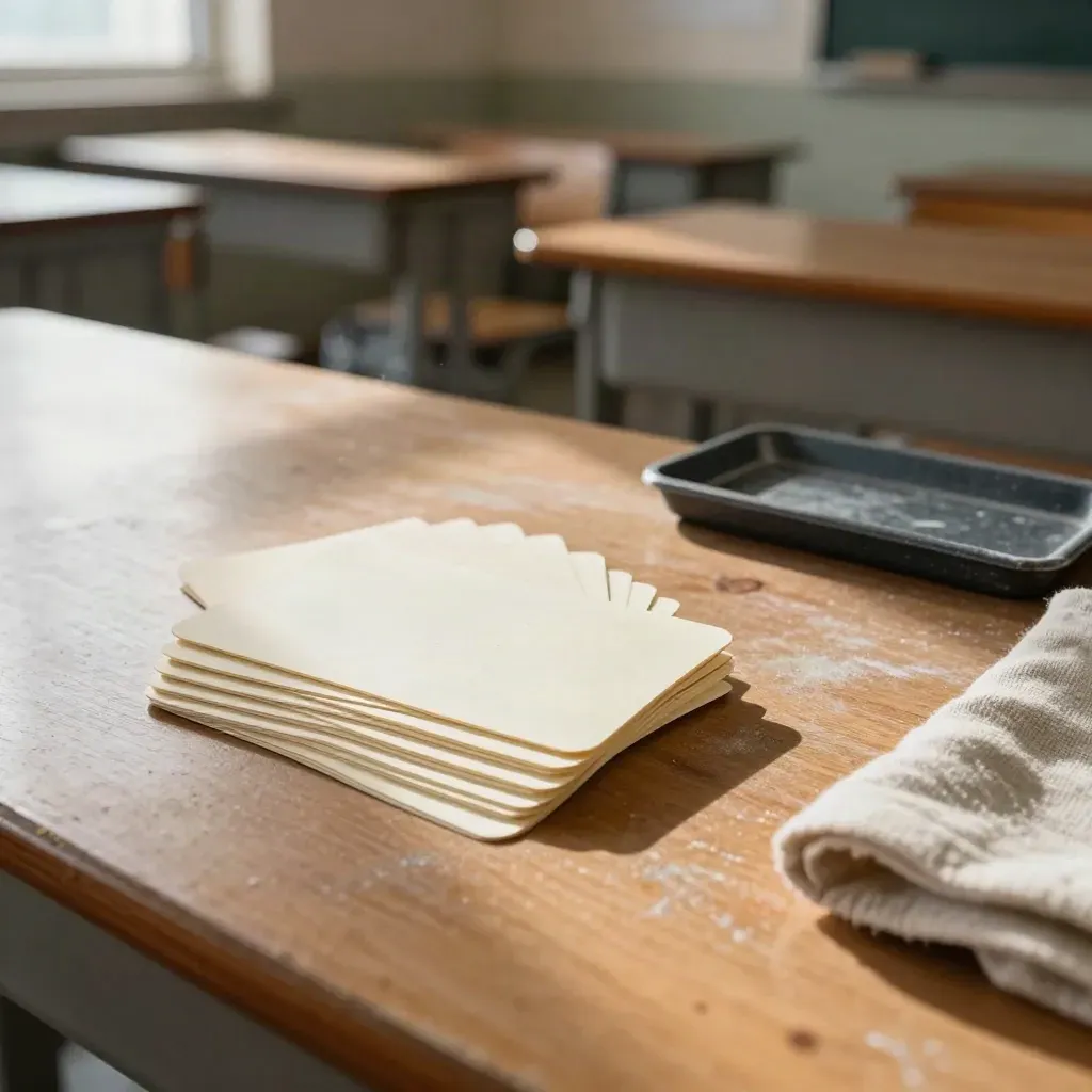 Classroom prompt cards in an arc beside chalk tray and folded cloth on a student desk.