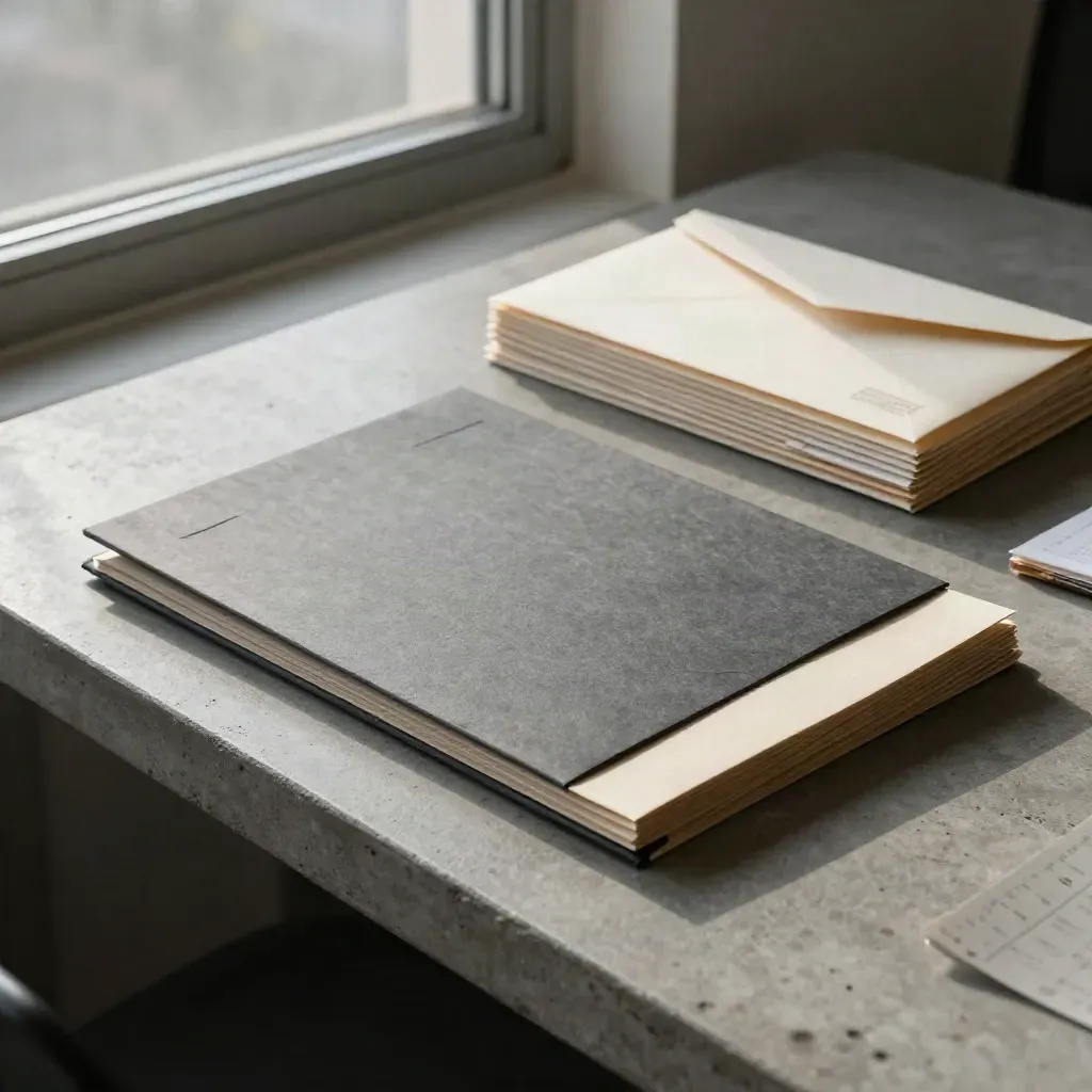 Overhead office launch kit beside a window, with folder, calendar blocks, and envelopes in soft late-day light.