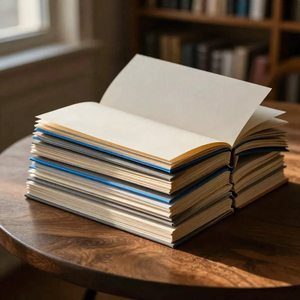 Low close zines and postcard notes stacked on a round table in warm dusk light.