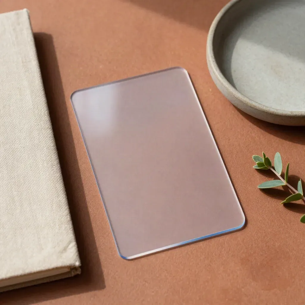 Acetate framing card, linen notebook edge, ceramic dish and plant sprig on terracotta plaster.