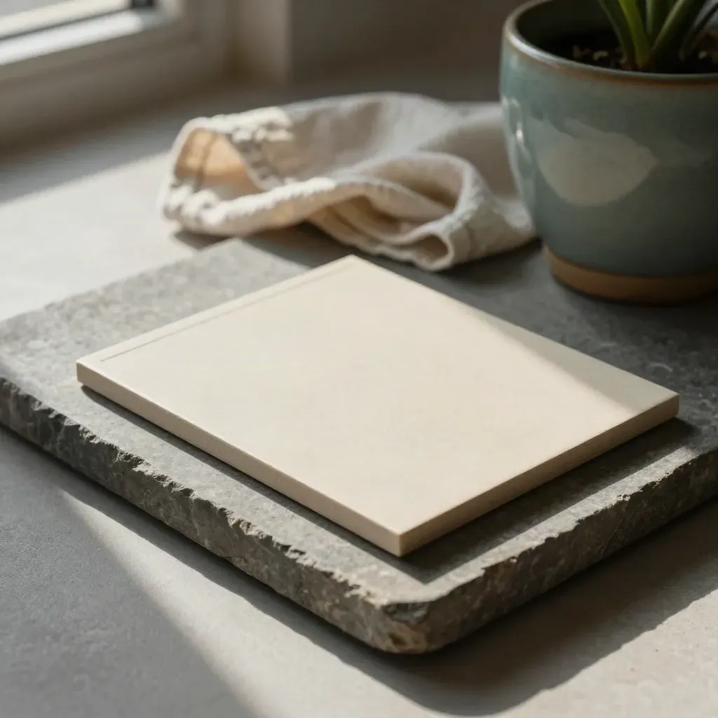 Storyboard tile, cloth, and teal plant pot on a stone tray in soft light.