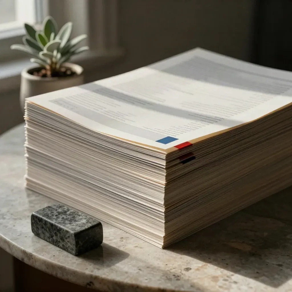 Stack of audit pages with corner flags, small plant, and stone paperweight on a side table.