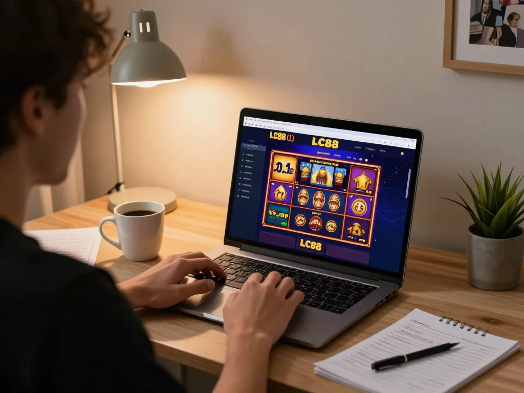 Engaging player exploring LC88 online casino interface while enjoying a cozy gaming session.