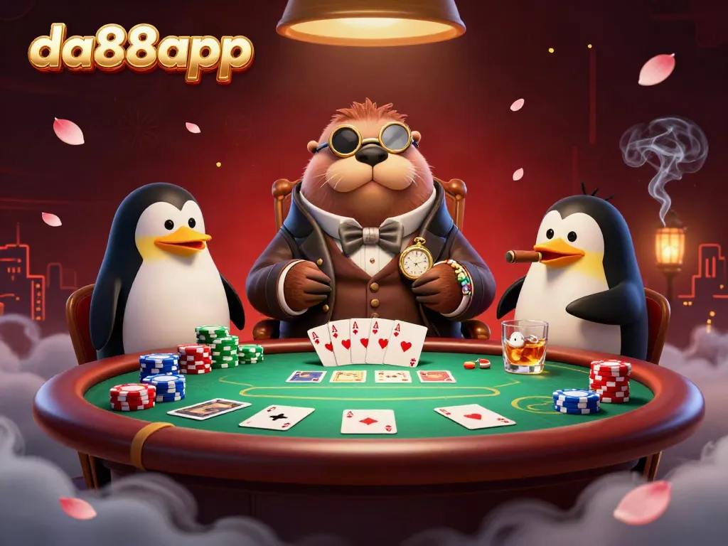 Play poker underwater with da88app as a walrus in Victorian attire and friends in a vibrant casino scene.