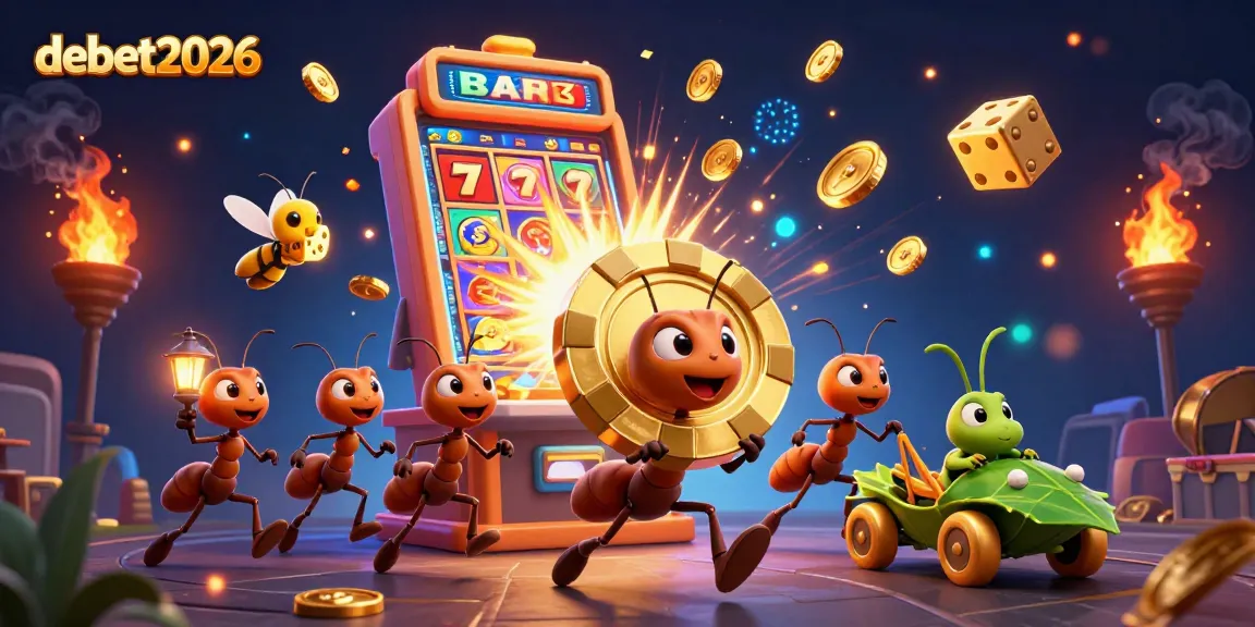 Experience casino action with debet2026 as ants heist golden poker chip amid bursting slot machine.
