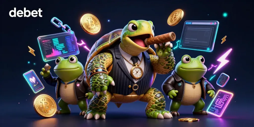 Experience the vibrant debet casino scene featuring a 3D snapping turtle mobster amid glowing crypto coins.