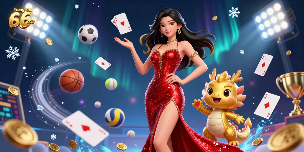 Experience the dynamic atmosphere of trang chủ 66club with an elegant woman and a golden dragon mascot amidst floating cards and sports elements.