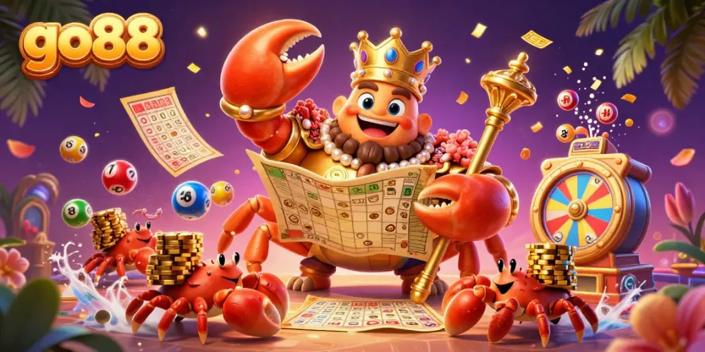 Join the go88 excitement with vibrant lottery elements and a whimsical crab emperor in this scene.