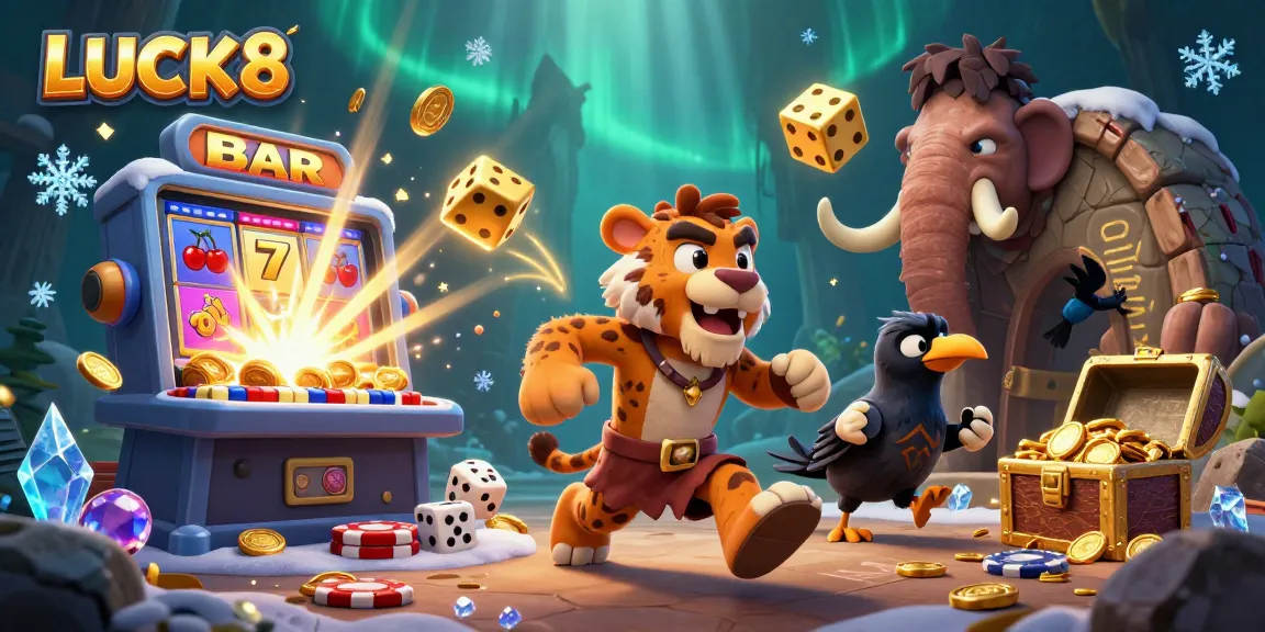 Experience the excitement of LUCK8 with a prehistoric casino scene full of vibrant game elements.