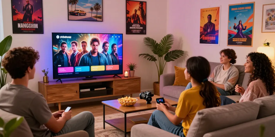 Pikashow APK streaming on a smart TV in a cozy living room with friends enjoying movies and snacks.