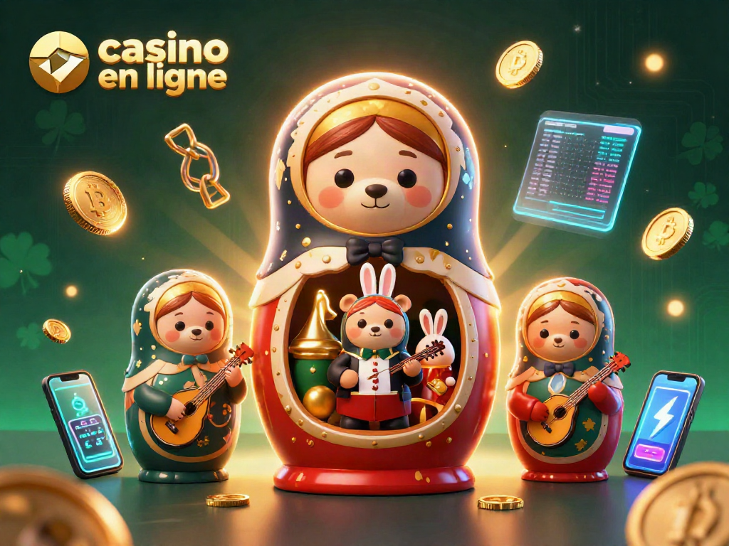 Jouez à des jeux de casino en ligne avec des ours matryoshka révélant des tenues de dealer et des pièces de crypto-monnaie.