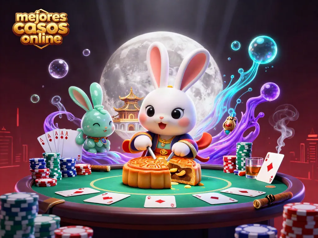 Ilustra los mejores casinos online y la magia de los juegos con un conejo de luna y fichas de póker