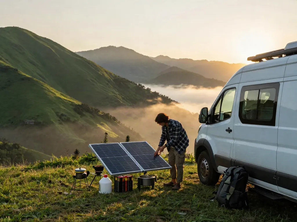 Experience van life with https://vanlifetribe.com in a serene mountain setting, featuring solar setup and camping gear.
