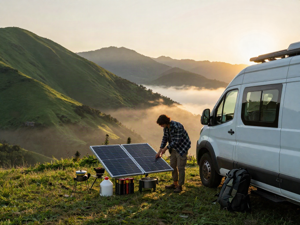 Experience van life with https://vanlifetribe.com in a serene mountain setting, featuring solar setup and camping gear.