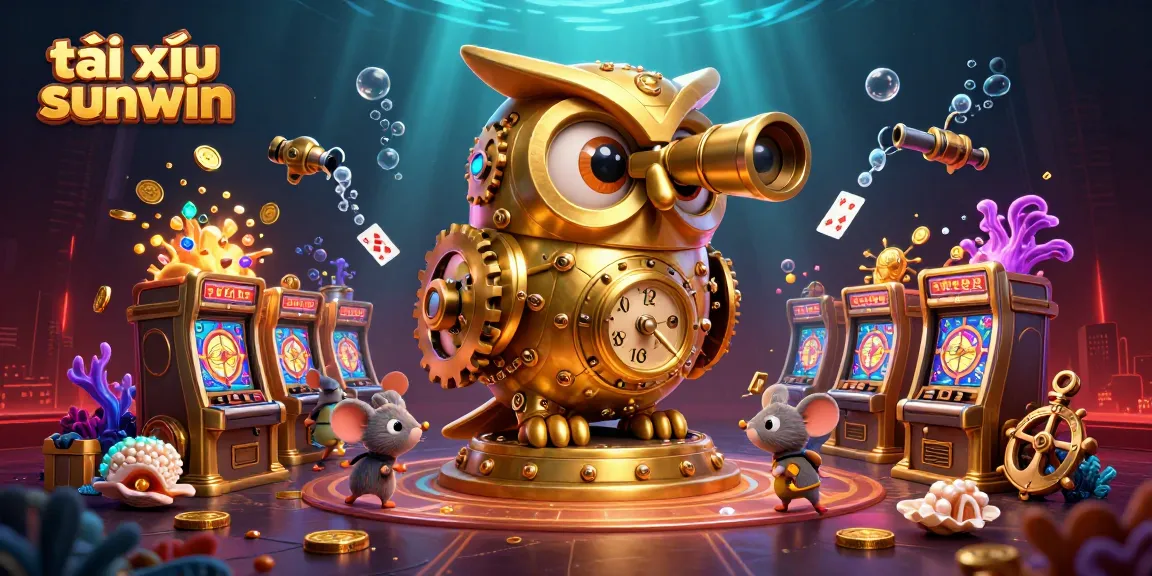 A dynamic scene showcasing the excitement of tài xỉu sunwin as a clockwork owl surveys the casino floor with playful mice and treasures.