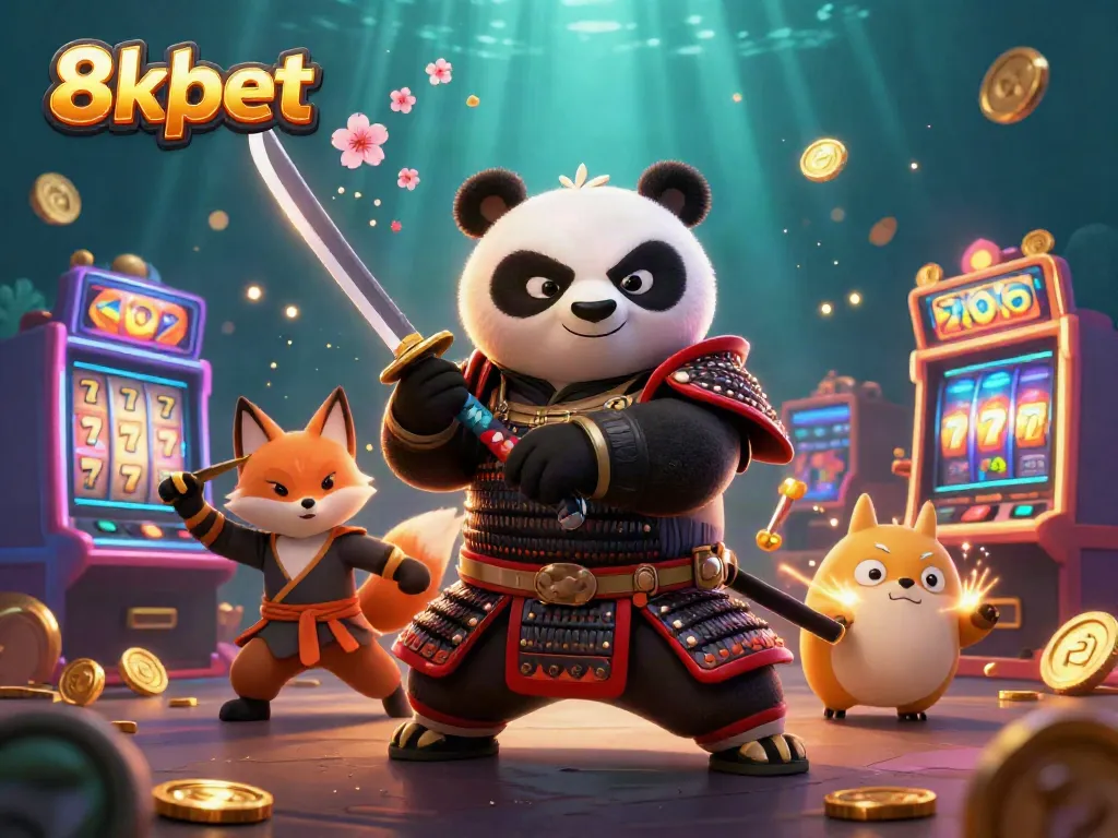 Experience dynamic gameplay at 8xbet with a vibrant illustration of samurai panda and ninja fox.