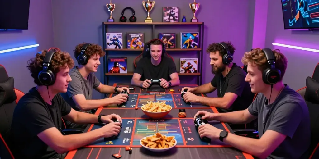 Men enjoying a lively game night at Manclub, surrounded by gaming accessories and neon lights.
