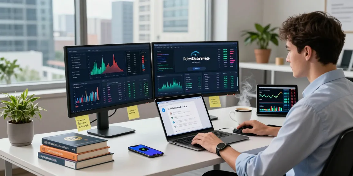 Experience the PulseChain Bridge with a sleek digital finance workspace showcasing innovative crypto transactions and real-time data.
