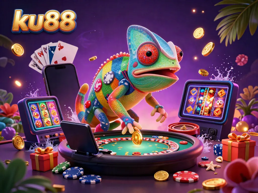 ku88 chameleon casino owner dynamically engaging in a vibrant online gaming environment with golden coins and slots