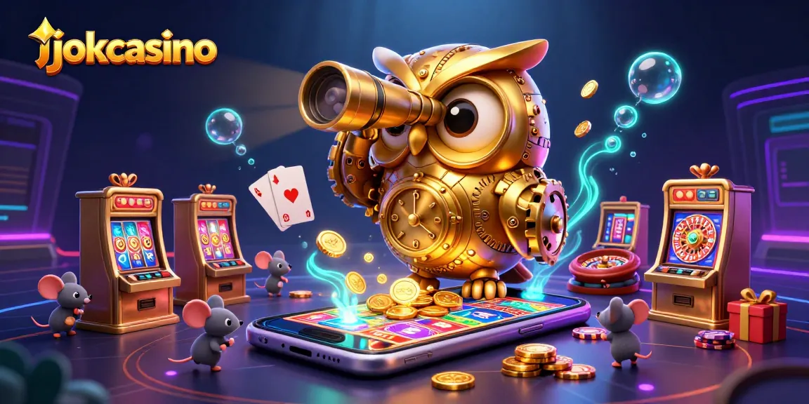 Experience the thrill at jokacasino with a vibrant 3D illustration of an owl and casino elements.