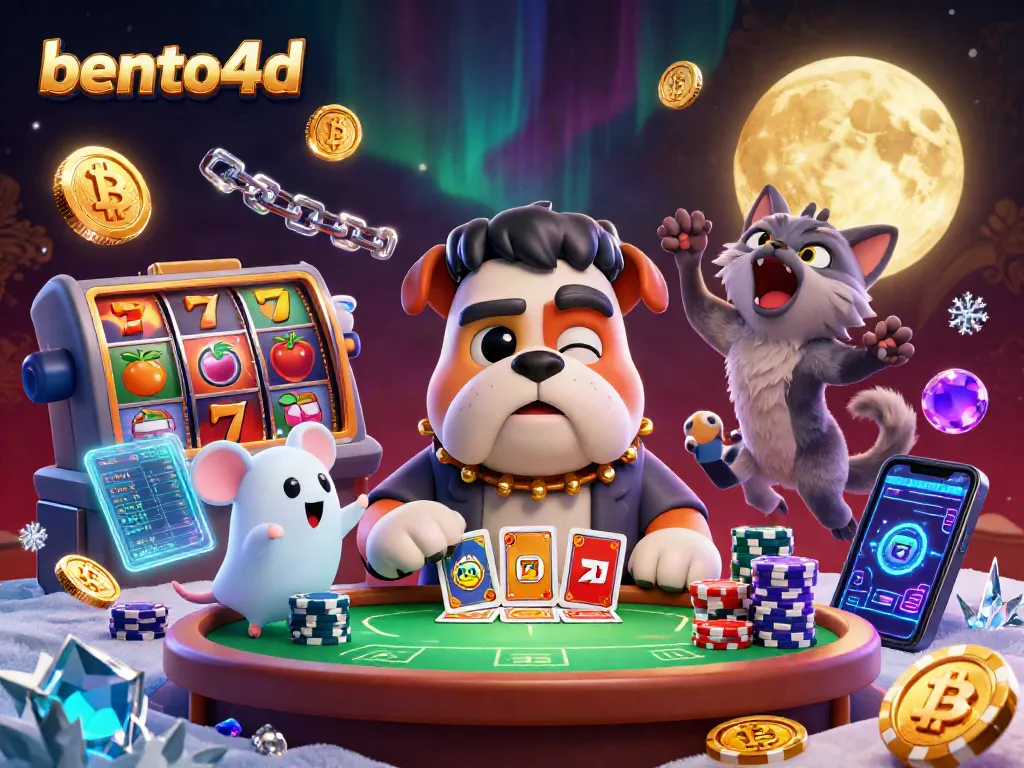 Engage with bento4d in a lively casino scene featuring a playful bulldog dealing cards.