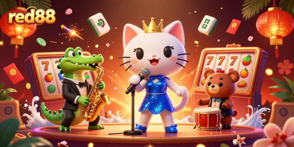 Experience exciting gameplay at red88 Casino with a vibrant stage featuring musical characters and stunning casino elements.