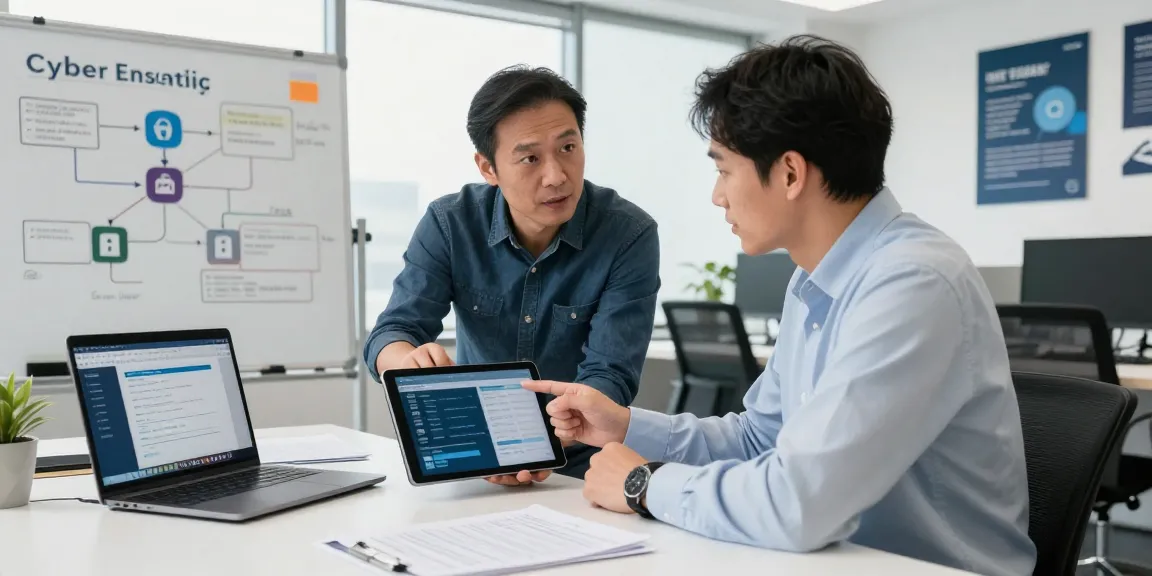 Cyber Essentials accreditation discussion with IT consultant and client in a modern office setup.