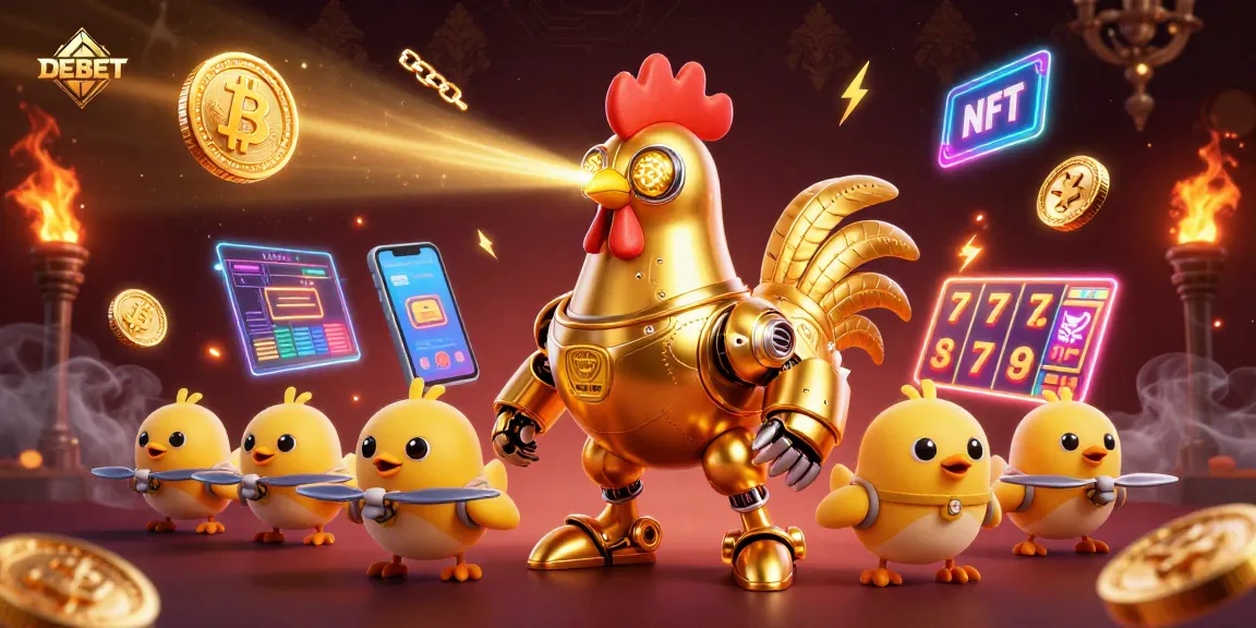 Experience the excitement of DEBET with a golden rooster robot and baby chick drones in a vibrant casino setting.