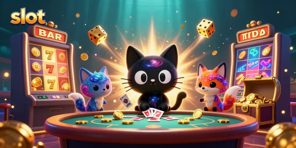 Experience thrilling slots in a cosmic casino with dynamic characters and vibrant game elements.