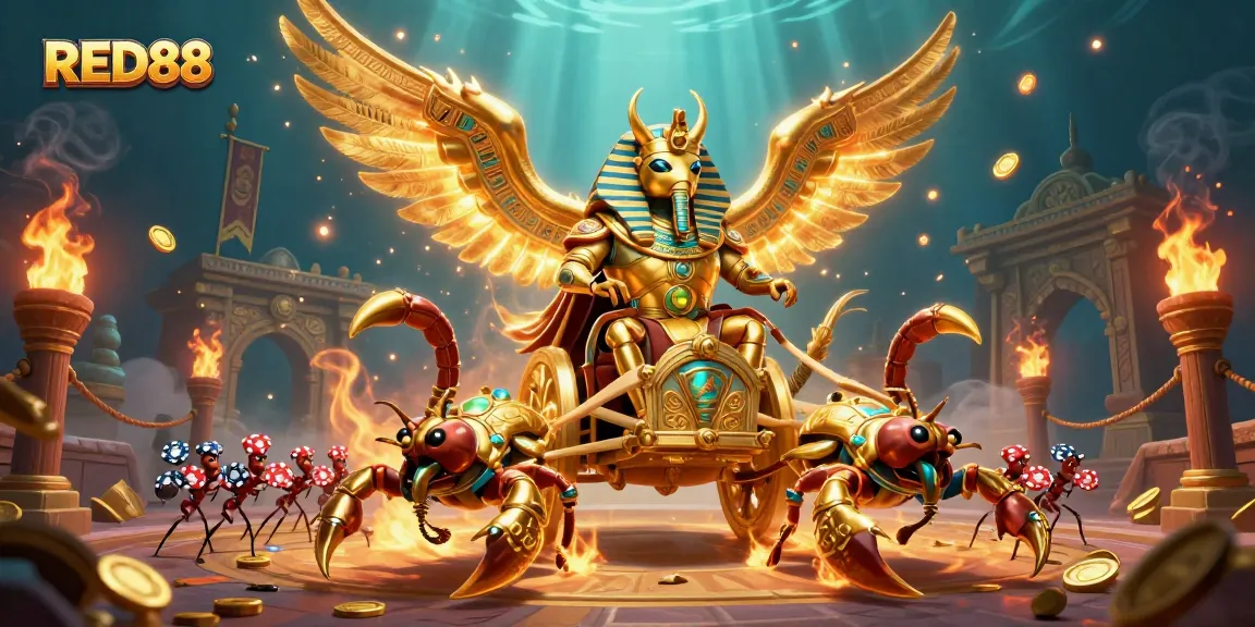 Engage in vibrant gaming action with RED88, featuring a golden beetle chariot amid swirling poker chips.