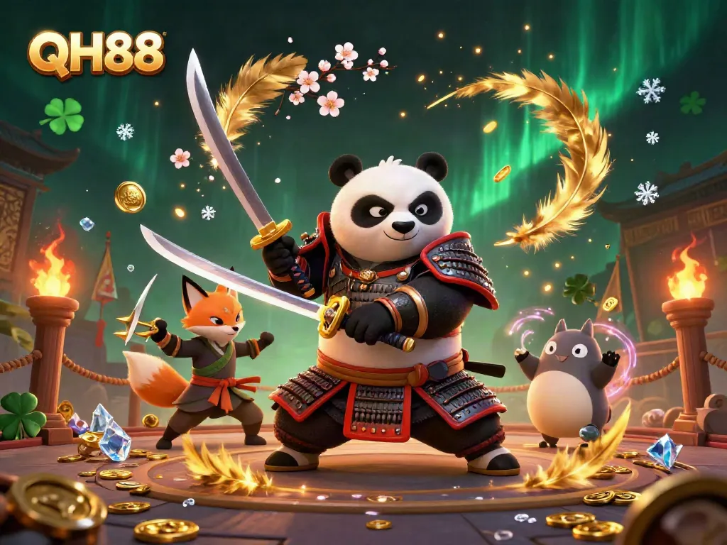 Experience the thrilling gaming action with QH88 in this vibrant casino-themed illustration featuring unique characters.