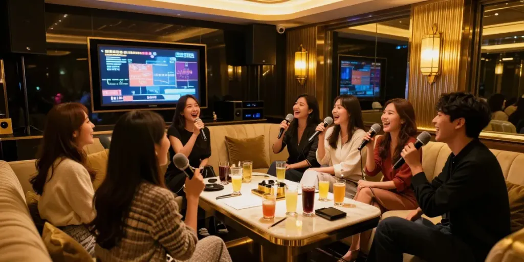 강남 달토에서 고급스럽고 아늑한 가라오케 방에서 친구들이 노래를 부르는 즐거운 모습