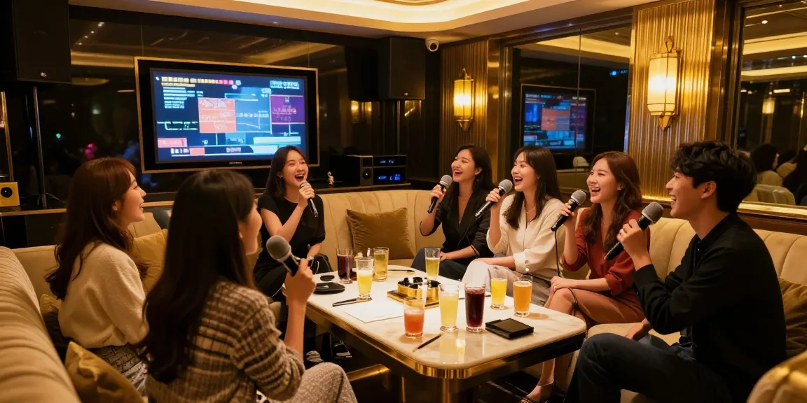 강남 달토에서 고급스럽고 아늑한 가라오케 방에서 친구들이 노래를 부르는 즐거운 모습
