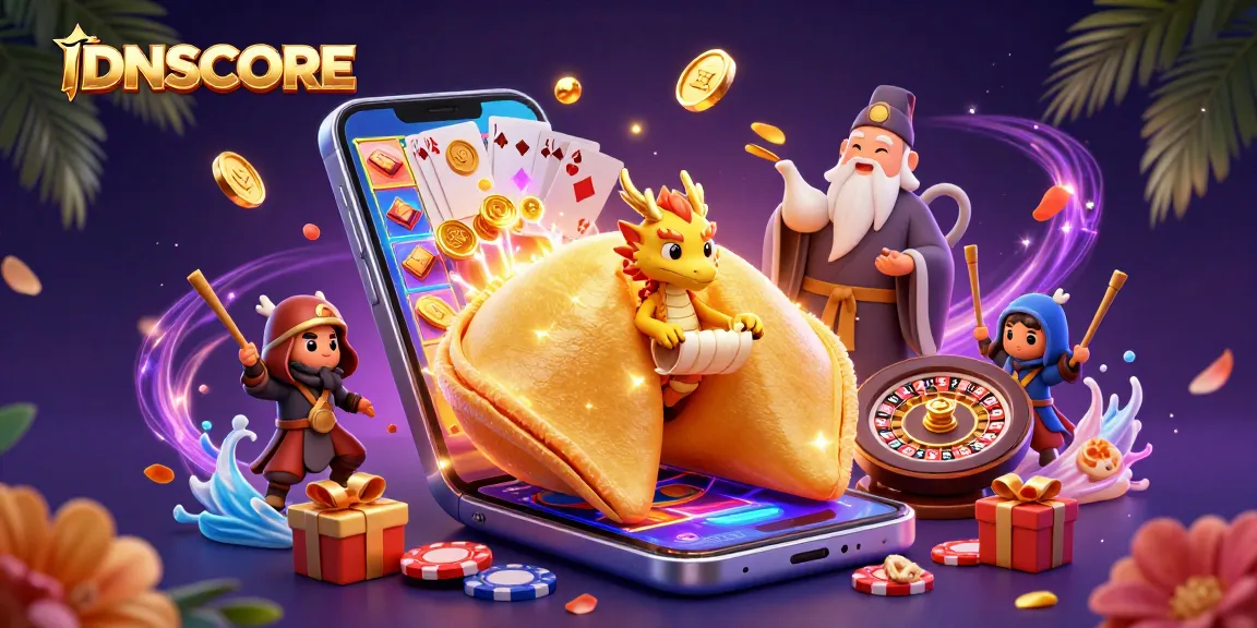 Explore IDNSCORE's vibrant gaming scene with a golden fortune cookie and rich casino elements.