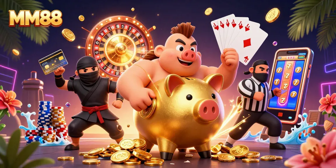 MM88 enhances the gaming experience with a dynamic casino scene featuring a golden piggy bank sumo wrestler.