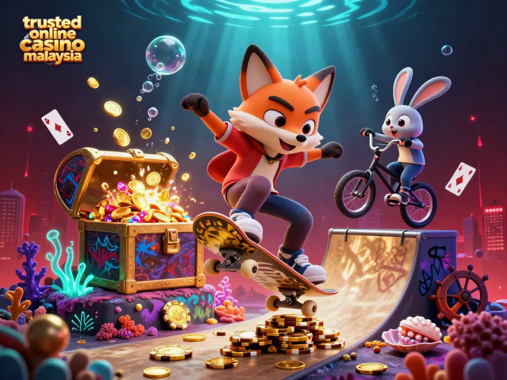 Experience the action at a trusted online casino Malaysia with vibrant gaming characters performing tricks in a rich 3D scene.