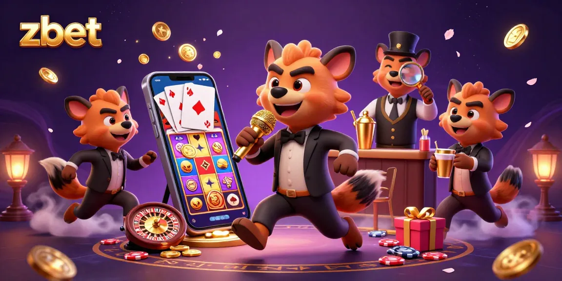 Zbet offers a vibrant casino experience featuring hyenas in a comedy club, engaging in lively gambling activities.