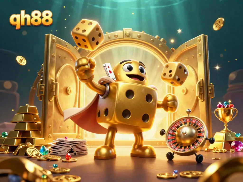 Experience thrilling wins at qh88 with a dynamic casino scene showcasing golden dice, gems, and casino elements.