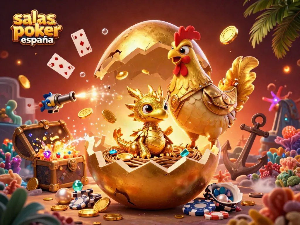 Visualiza salas de poker online España, donde un dragón dorado emerge de un nido de fichas mientras flota magia.