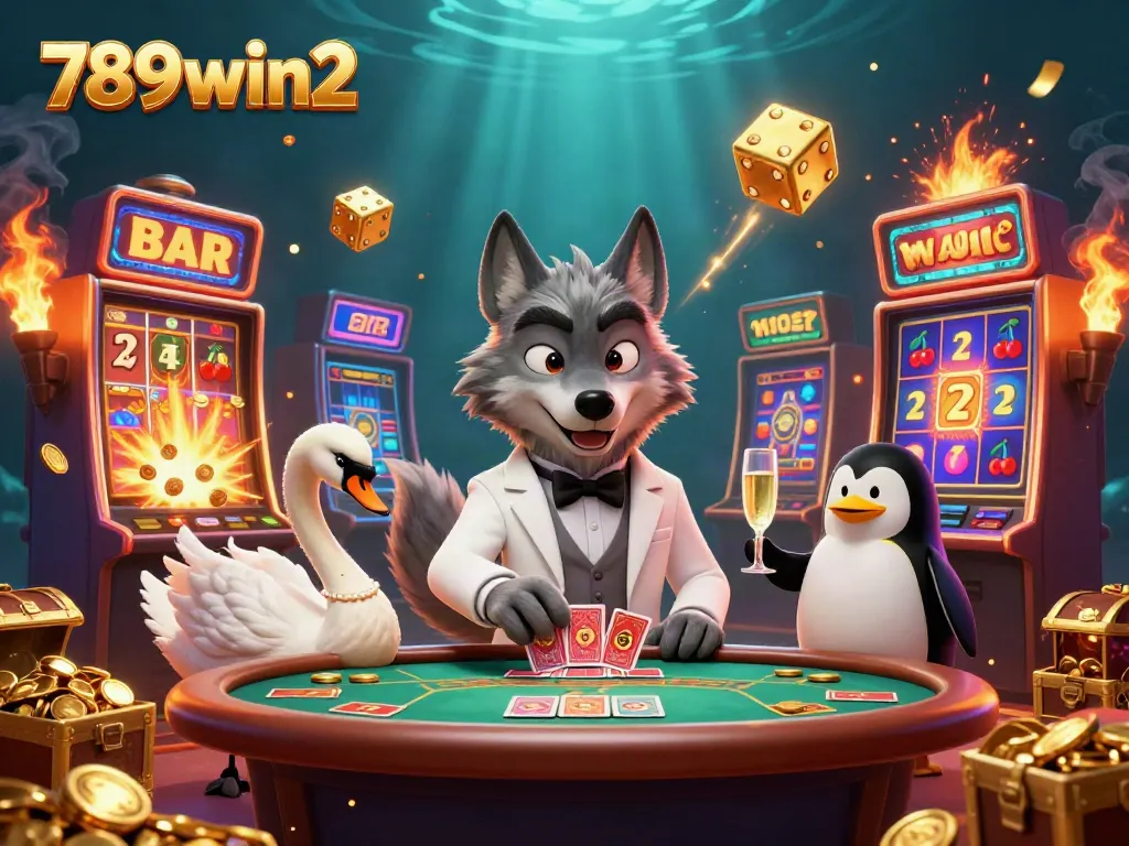 Experience thrilling gaming action at 789win2 with a dazzling scene of a wolf, swan, and penguin amidst jackpot excitement.
