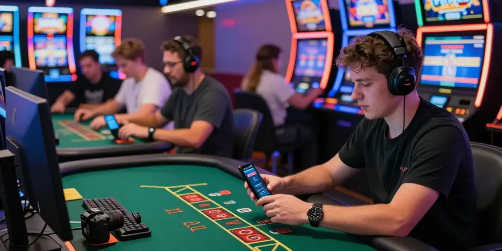 Exciting online gaming experience at Net88 with players at live tables and vibrant slot machines.