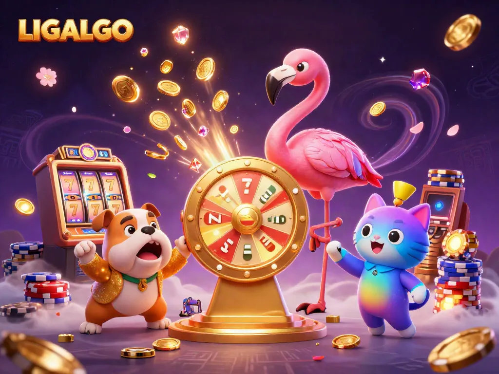 Engaging scene of LIGALGO with a flamingo host, bulldog contestant, and cat assistant amidst exciting gambling elements.