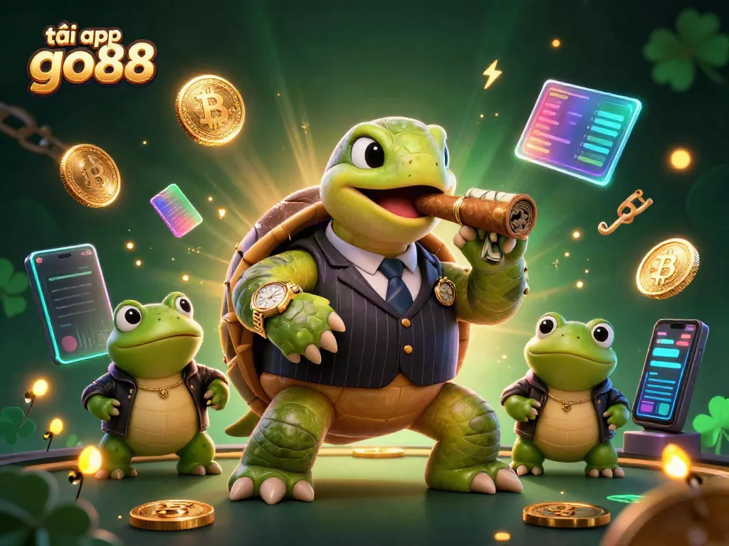Play thrilling games and tải app go88 with our vivid casino-themed illustration featuring a charming turtle and bullfrogs.