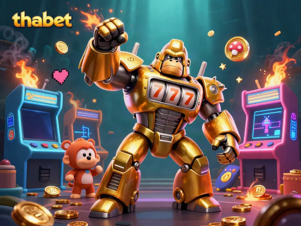 Experience thrilling gameplay at thabet with our golden gorilla mech and vibrant casino elements.