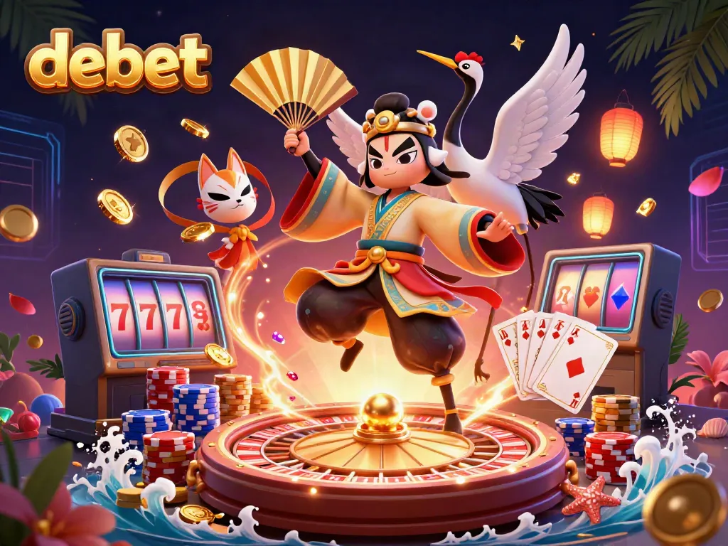 Experience the vibrant debet online casino with kabuki warrior and kitsune mask, surrounded by dynamic game elements.