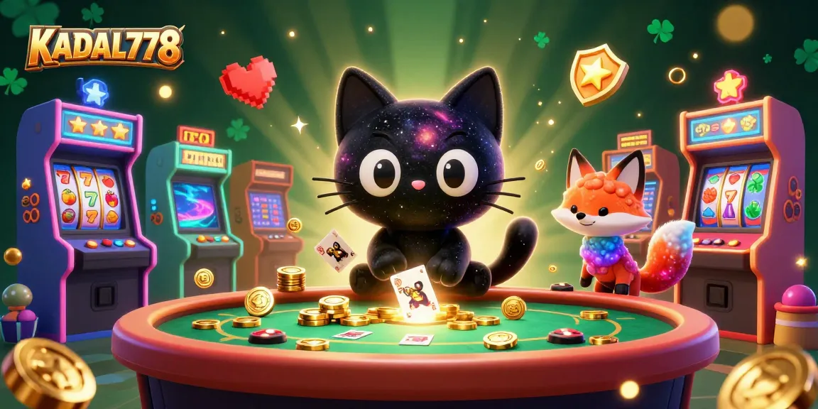 KADAL778 showcases a captivating 3D cosmic casino scene featuring a playful black hole cat and colorful game elements.