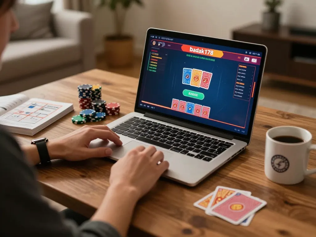 Engaging with badak178 online gaming features on a laptop in a cozy home workspace.