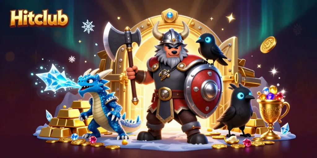 Hitclub showcases a dynamic casino scene with a Viking wolf, dragon, and treasures for gamers.
