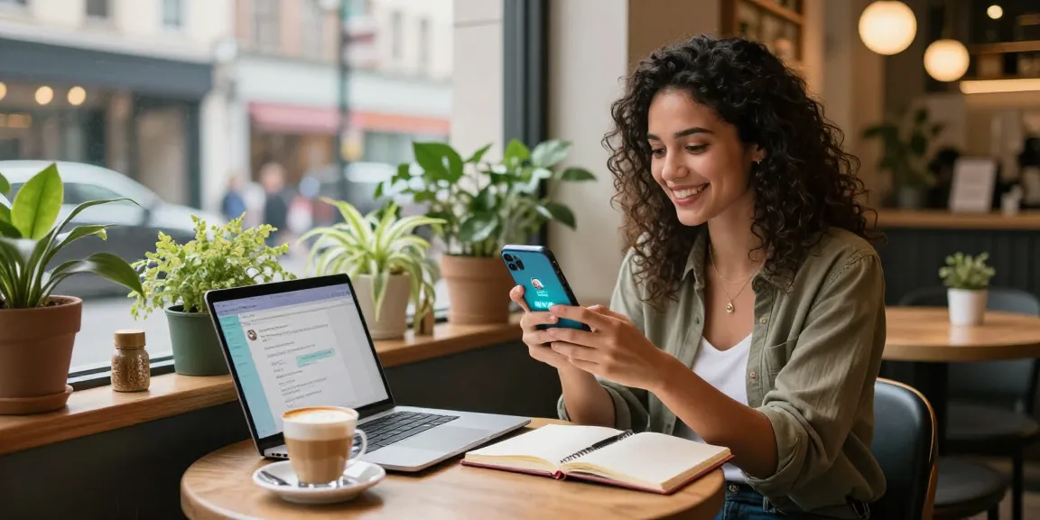 Young woman interacting with an AI gf app in a cozy café.