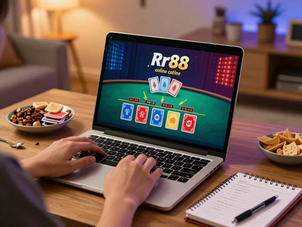 Engaged player enjoying rr88 online casino games on laptop, showcasing live dealer action.